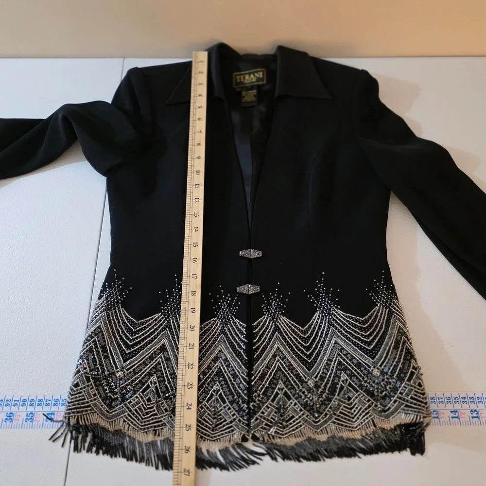 Vintage Terani Couture Beaded Fringe Blazer Women 8 Black Art Deco Sequin Formal